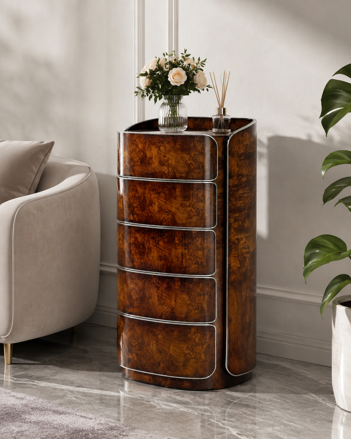 Luxury Italian Bentley-Inspired Curved Console Cabinet