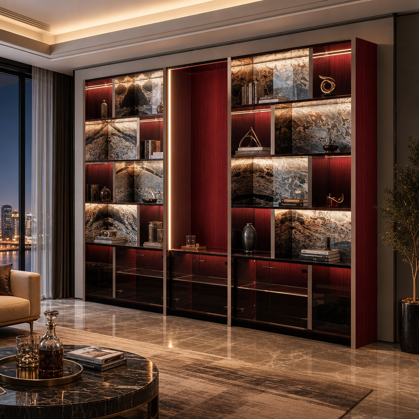 Luxury Italian Designer Bookshelf with Marble & Glass Design