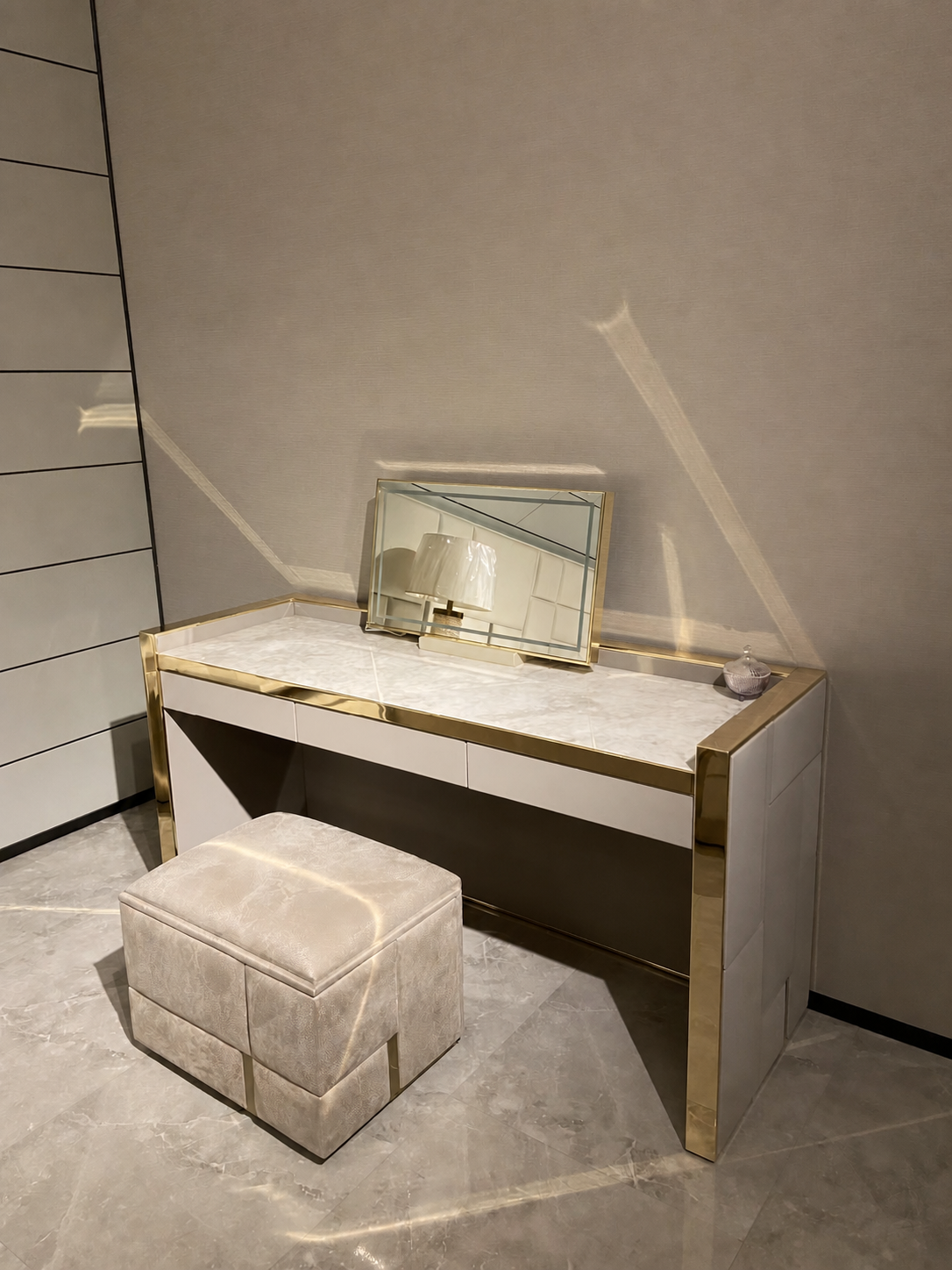 Luxury Modern Dressing Table with Leather & Stainless Steel Design