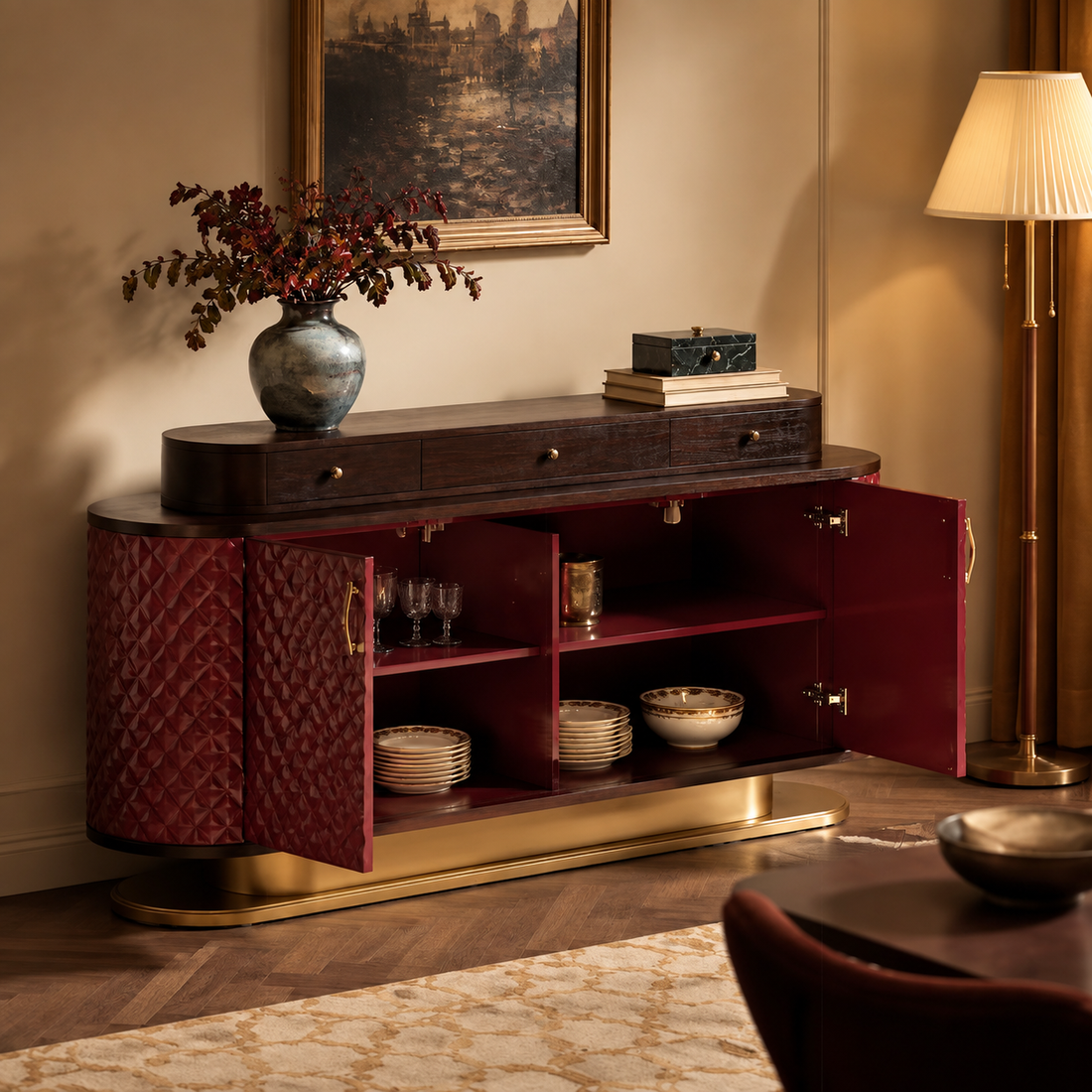 Italian Luxury Diamond Pattern Sideboard Cabinet
