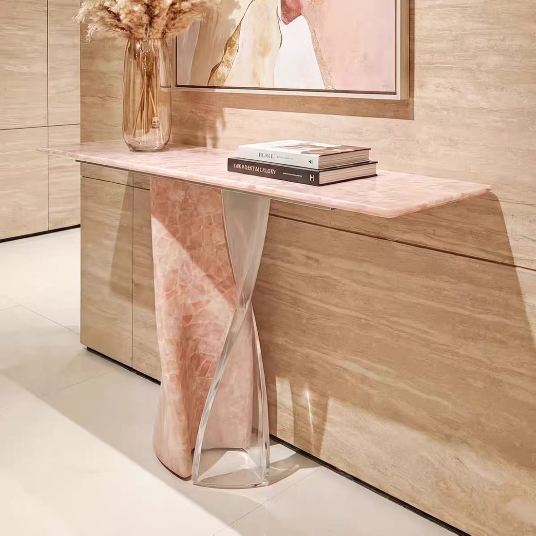 Italian Luxury Pink Crystal Stone Marble Entryway Console Table with Acrylic Base