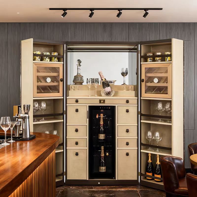 Italian Luxury Solid Wood Leather Wine Display Cabinet