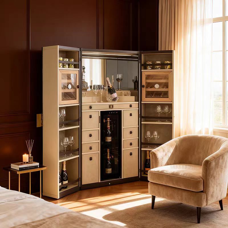 Italian Luxury Solid Wood Leather Wine Display Cabinet