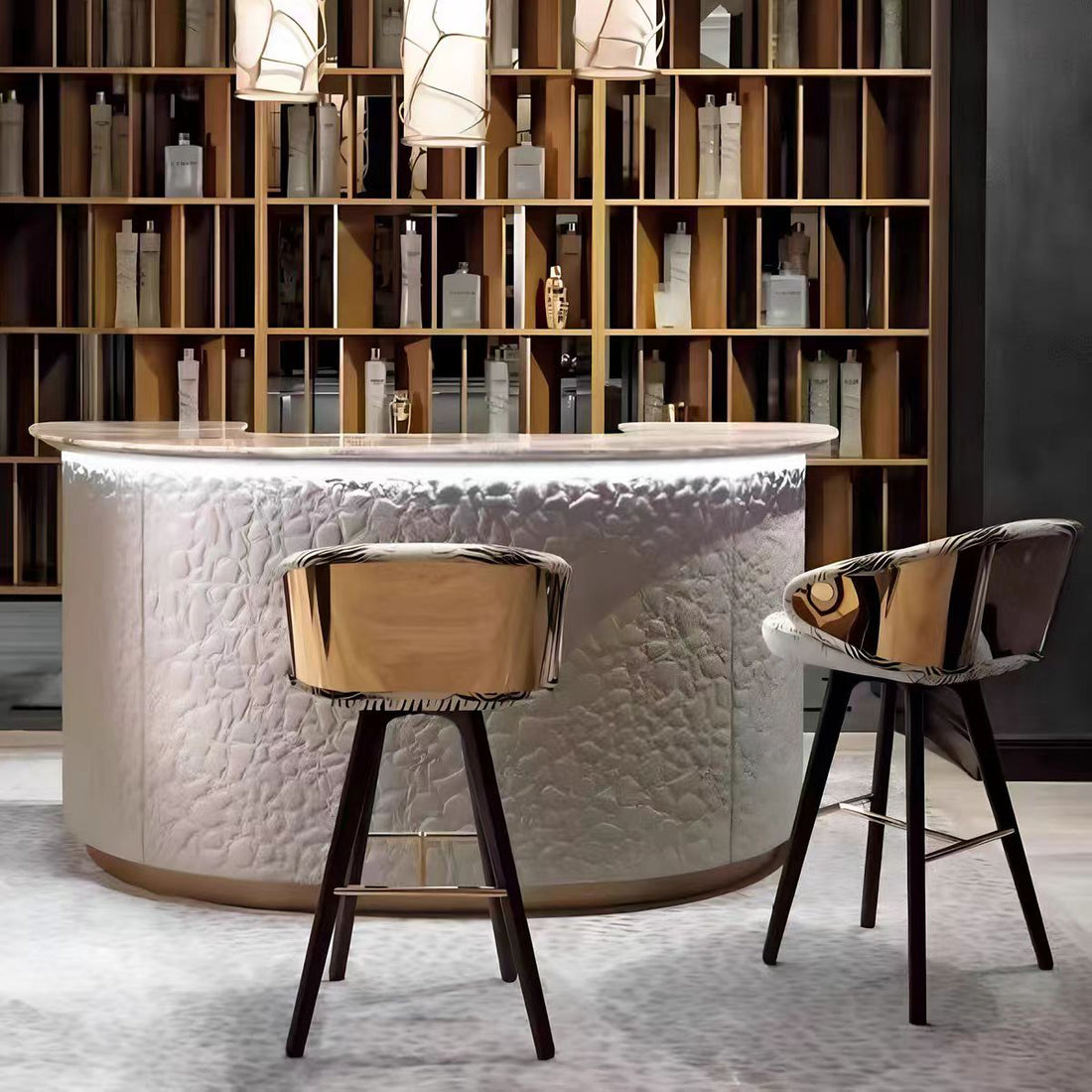Luxury Curved Marble Wood Home Bar Cabinet