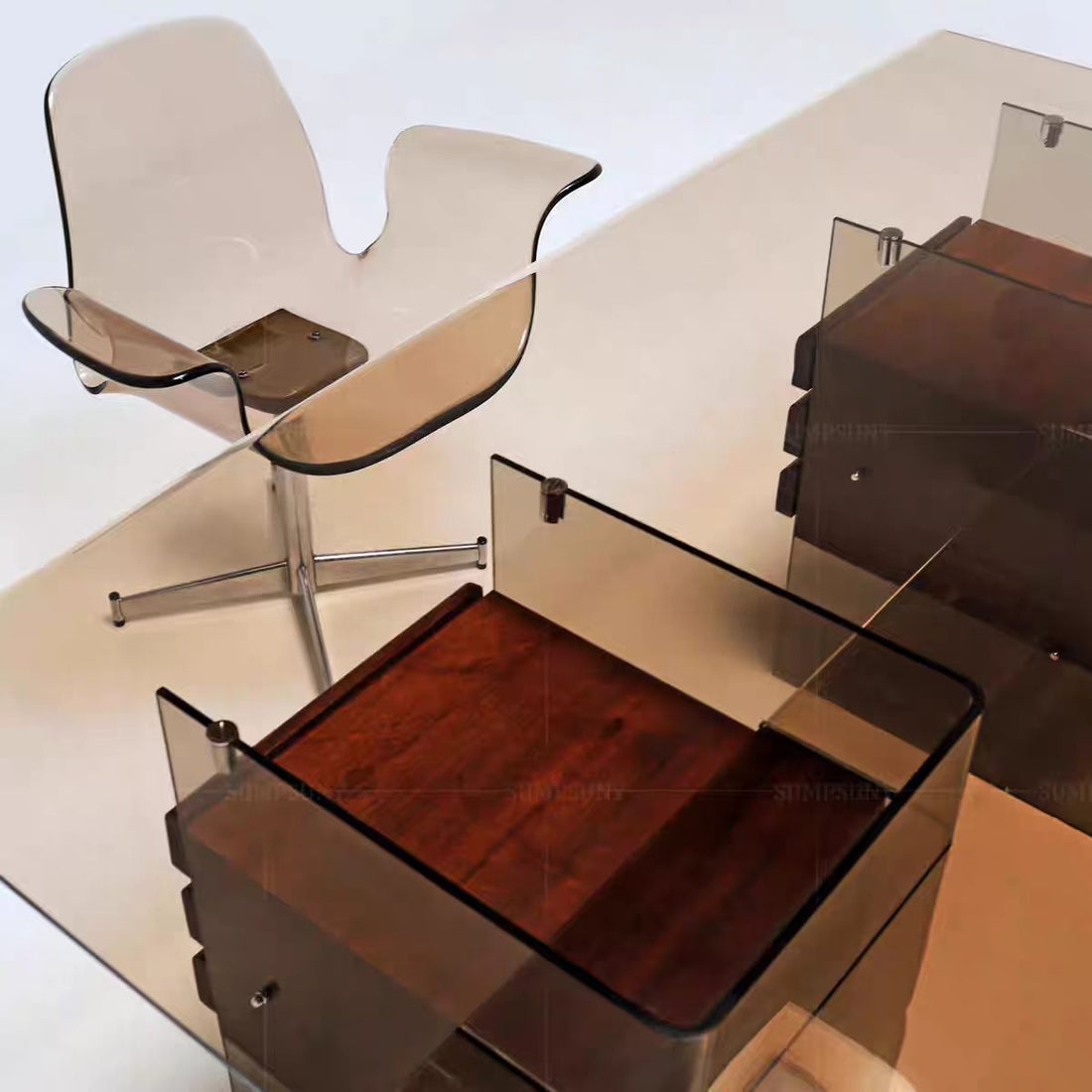 Luxury Italian Acrylic Floating Desk with Solid Wood Drawers