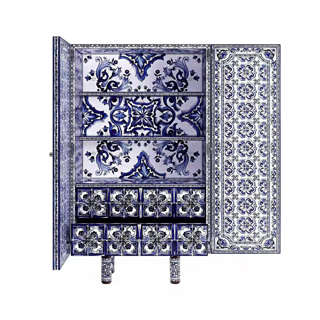 Luxury Italian Hand-Painted Blue & White Porcelain Sideboard