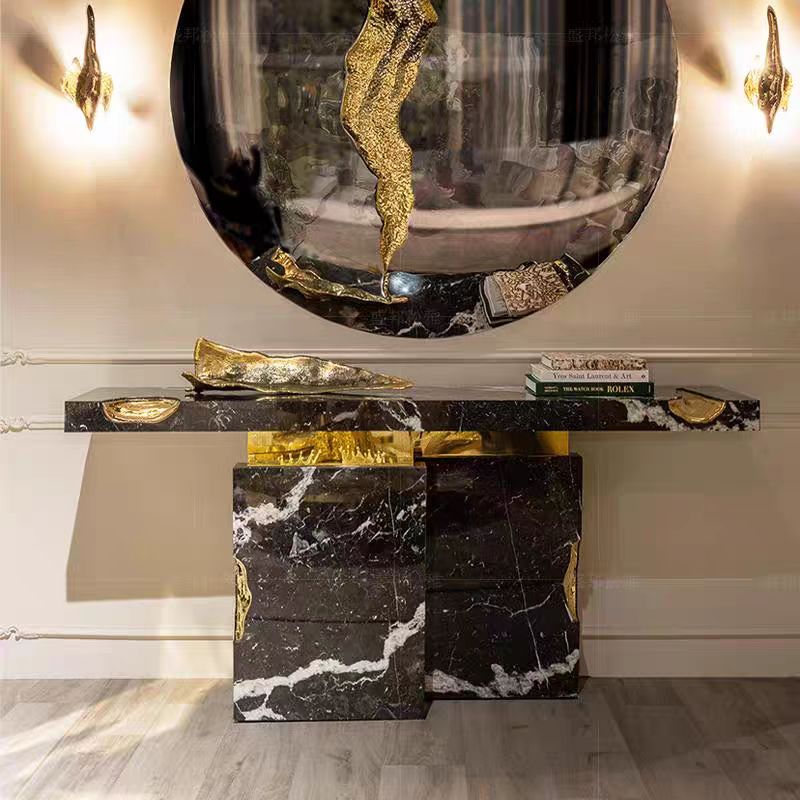 Luxury Marble Entryway Console Table with Brass & Stainless Steel Design