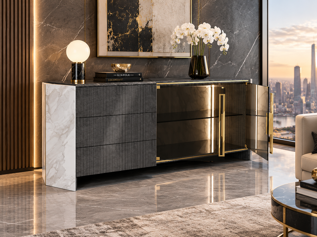 Luxury Marble Solid Wood Glass Sideboard Cabinet