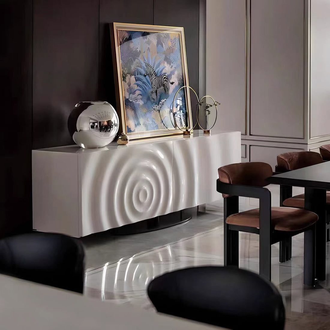 Luxury Ripple Stainless Steel Solid Wood Sideboard Cabinet