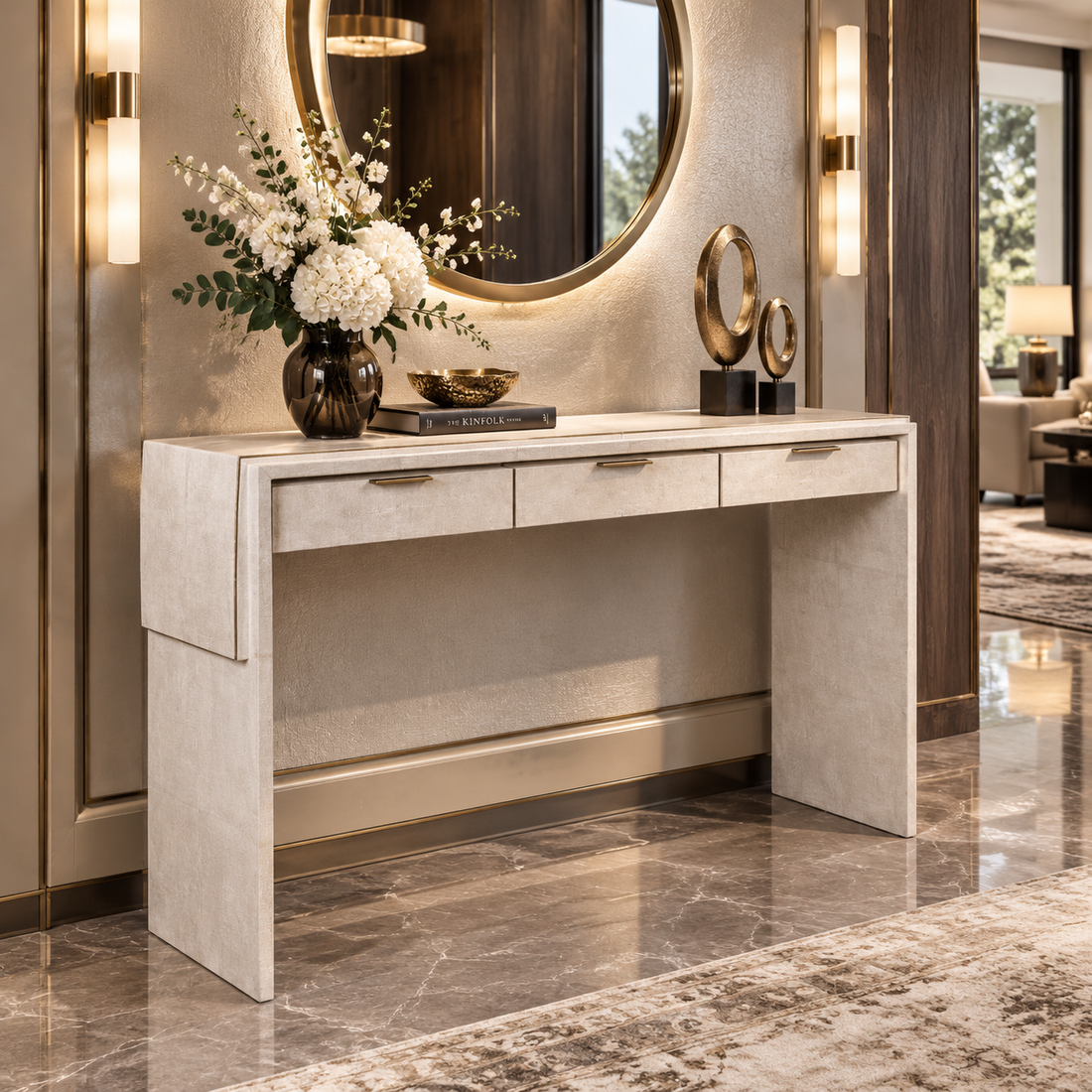 Luxury Solid Wood Leather Sculptural Console Table