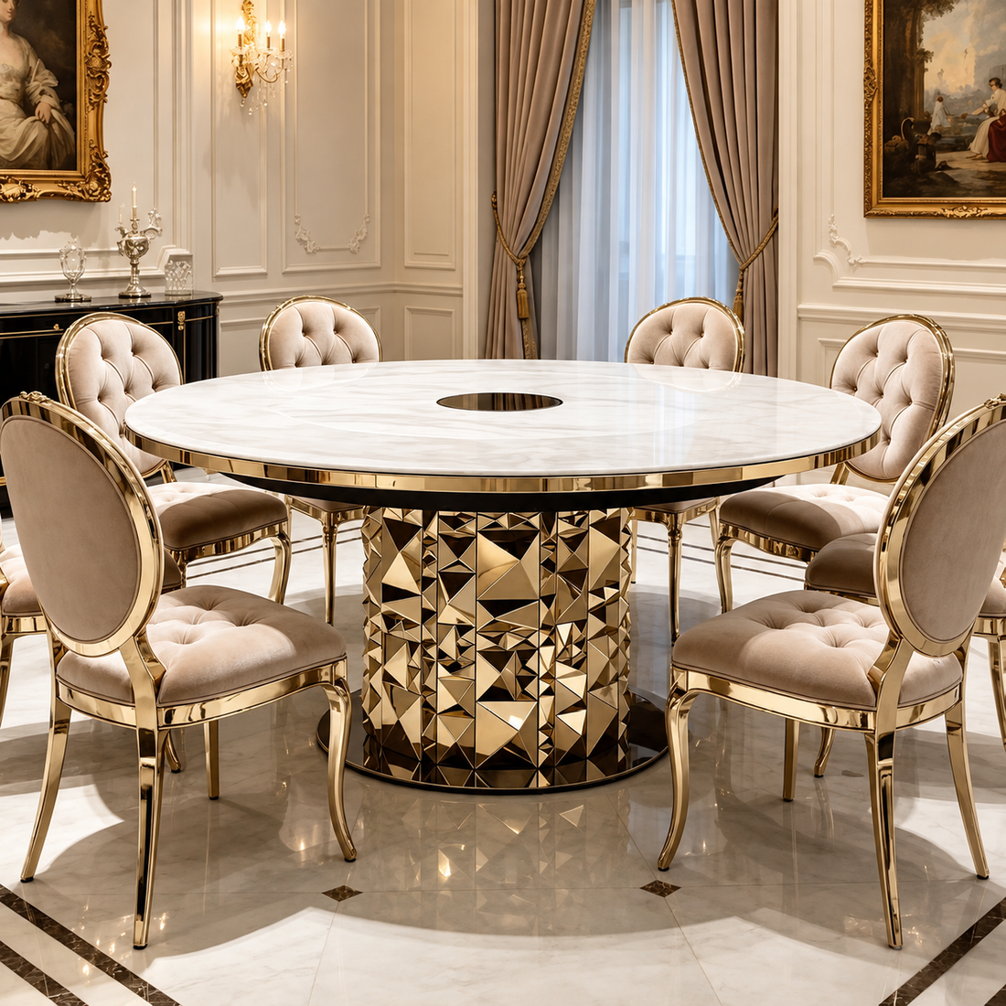 Luxury Stone Metal Geometric Round Dining Table
