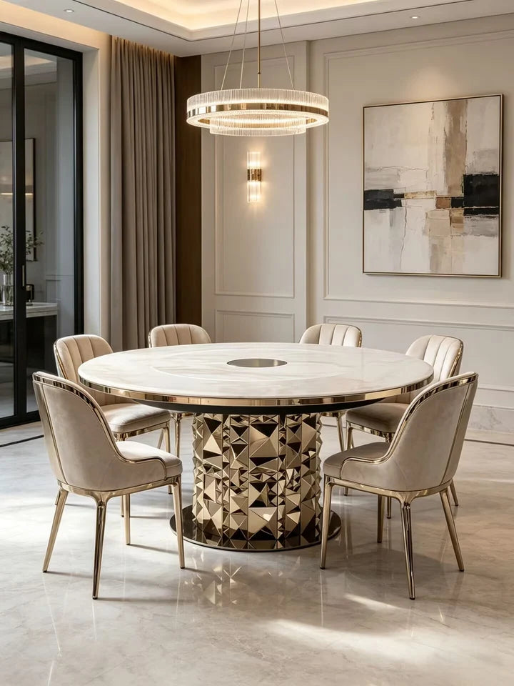 Luxury Stone Metal Geometric Round Dining Table