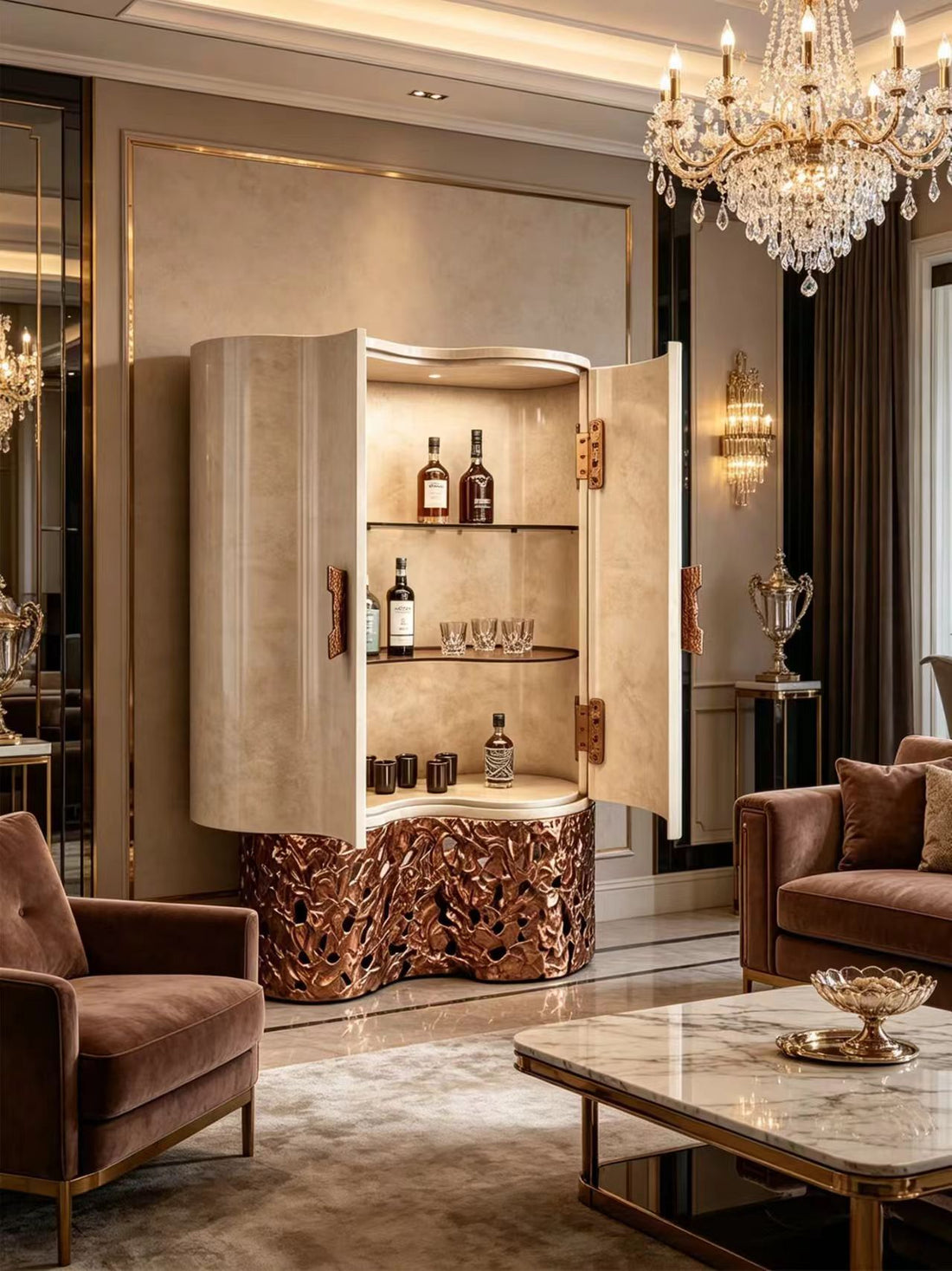 Modern Curved Wood Glass Metal Wine Cabinet