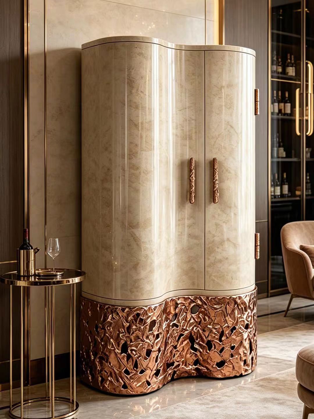 Modern Curved Wood Glass Metal Wine Cabinet