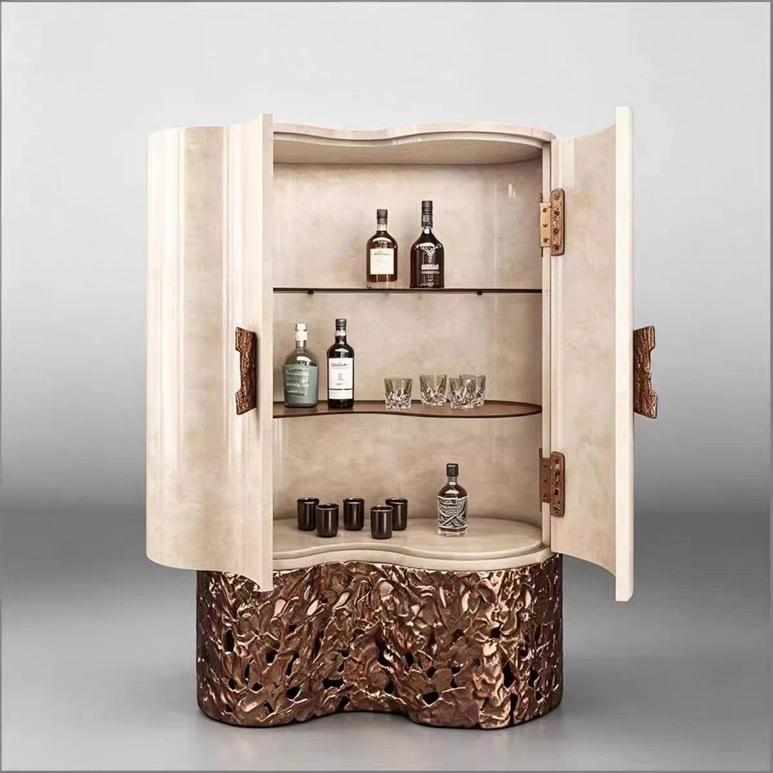 Modern Curved Wood Glass Metal Wine Cabinet