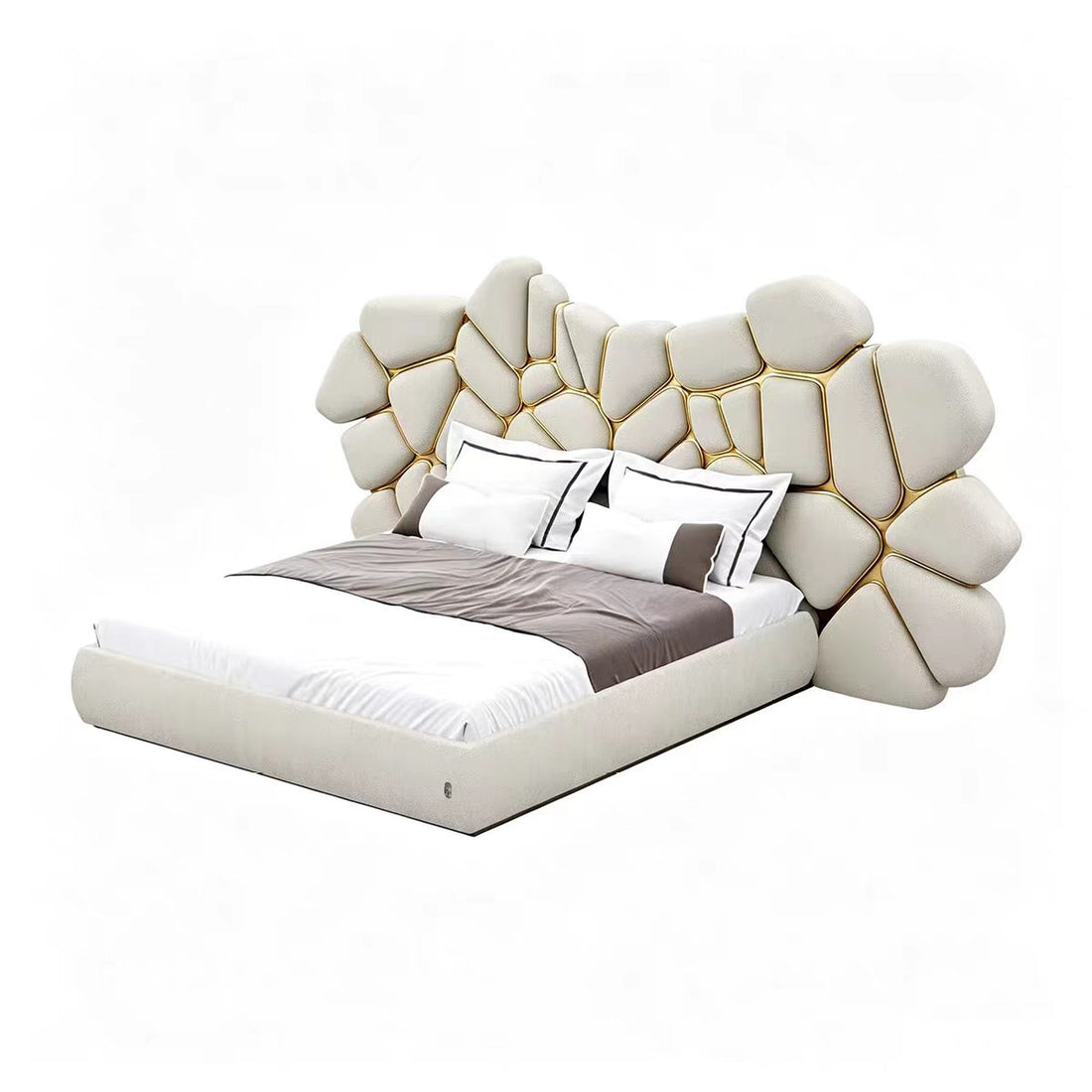 Modern Genuine Leather Wide Headboard Double Bed