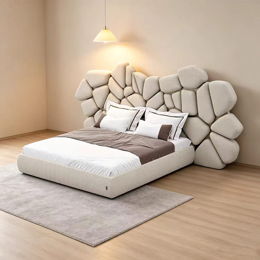 Modern Genuine Leather Wide Headboard Double Bed