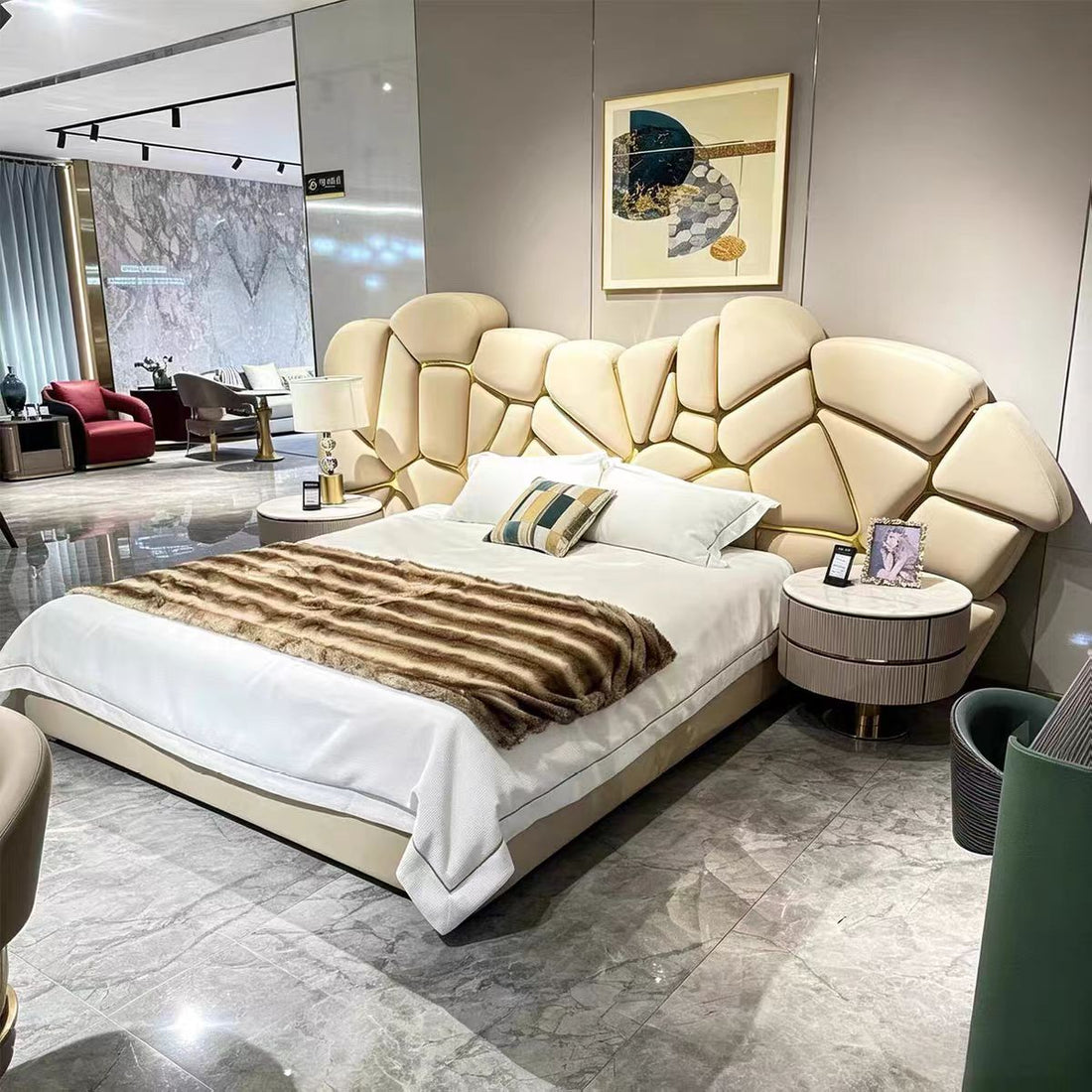 Modern Genuine Leather Wide Headboard Double Bed
