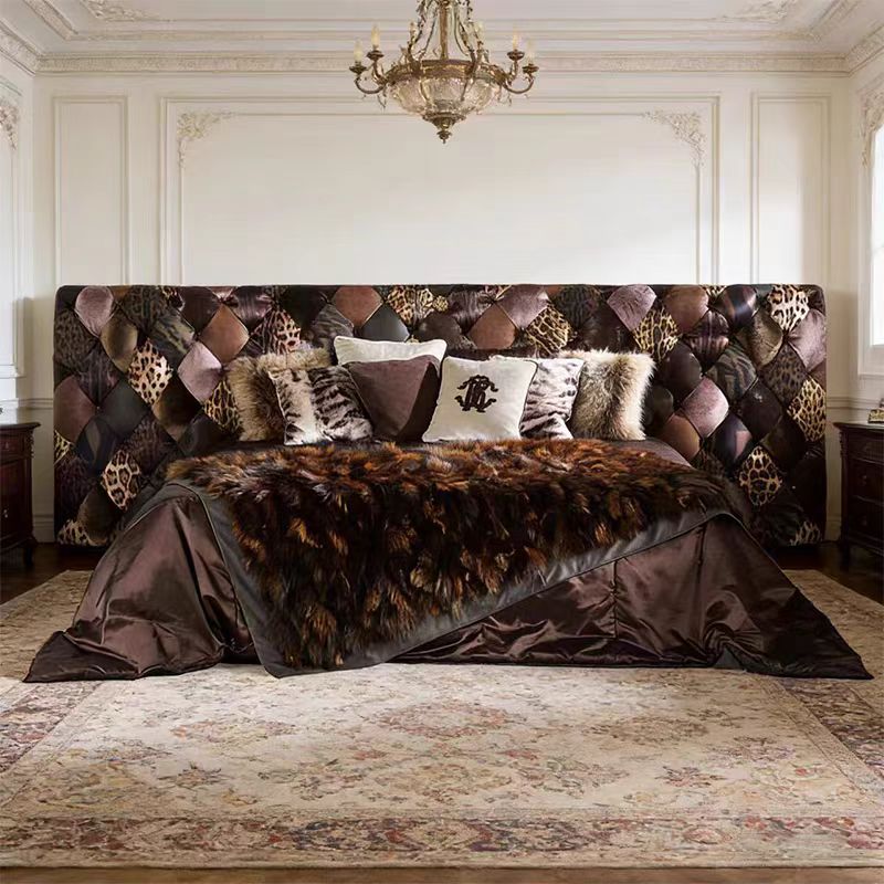 Modern Leopard Print Leather Wide Headboard Bed