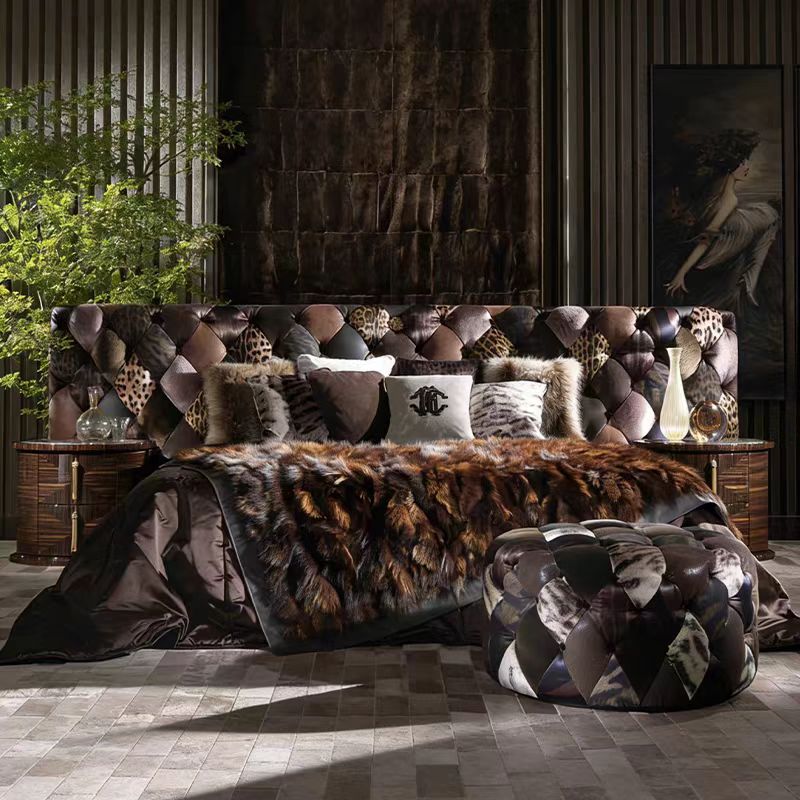 Modern Leopard Print Leather Wide Headboard Bed
