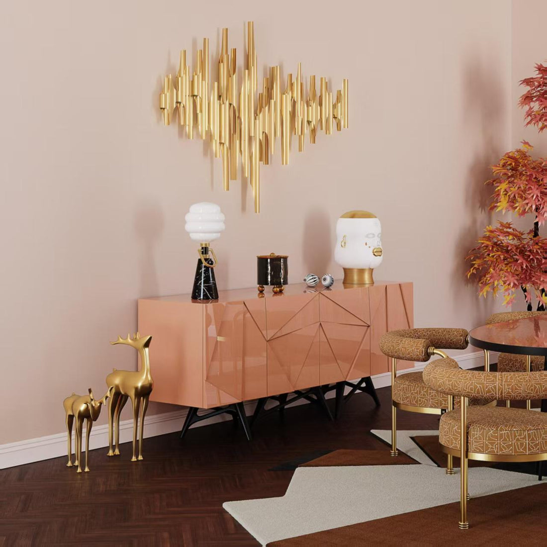 Modern Luxury Solid Wood Metal Geometric Sideboard Cabinet