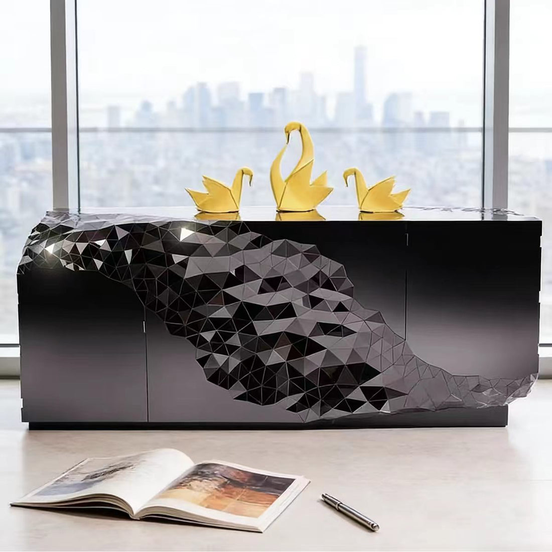 Modern Solid Wood Glass Metal Sideboard Cabinet