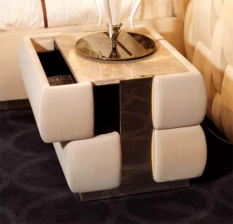 Modern Suede Leather Stainless Steel Bedside Cabinet