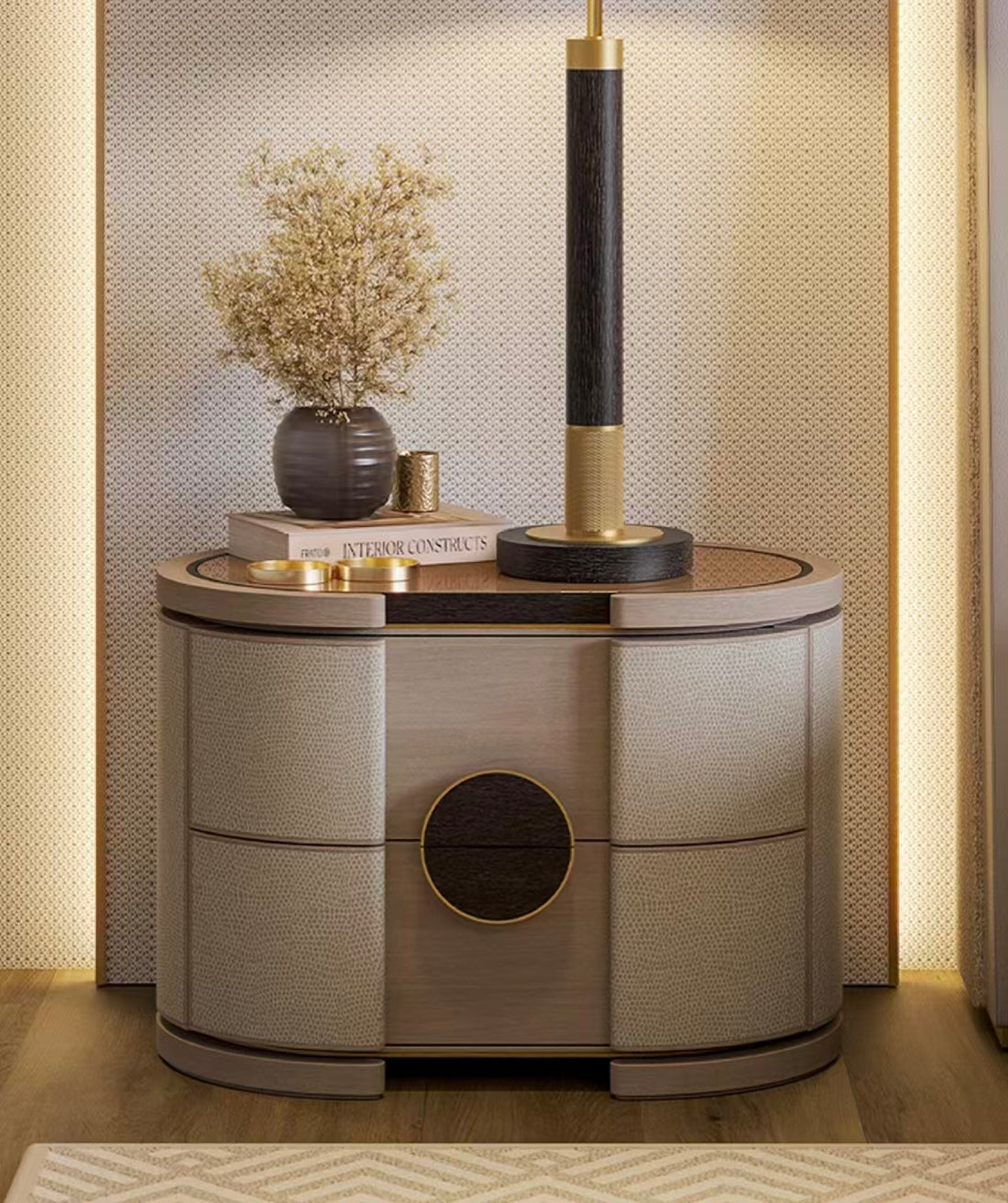 Modern Wood Metal Leather Bedside Cabinet