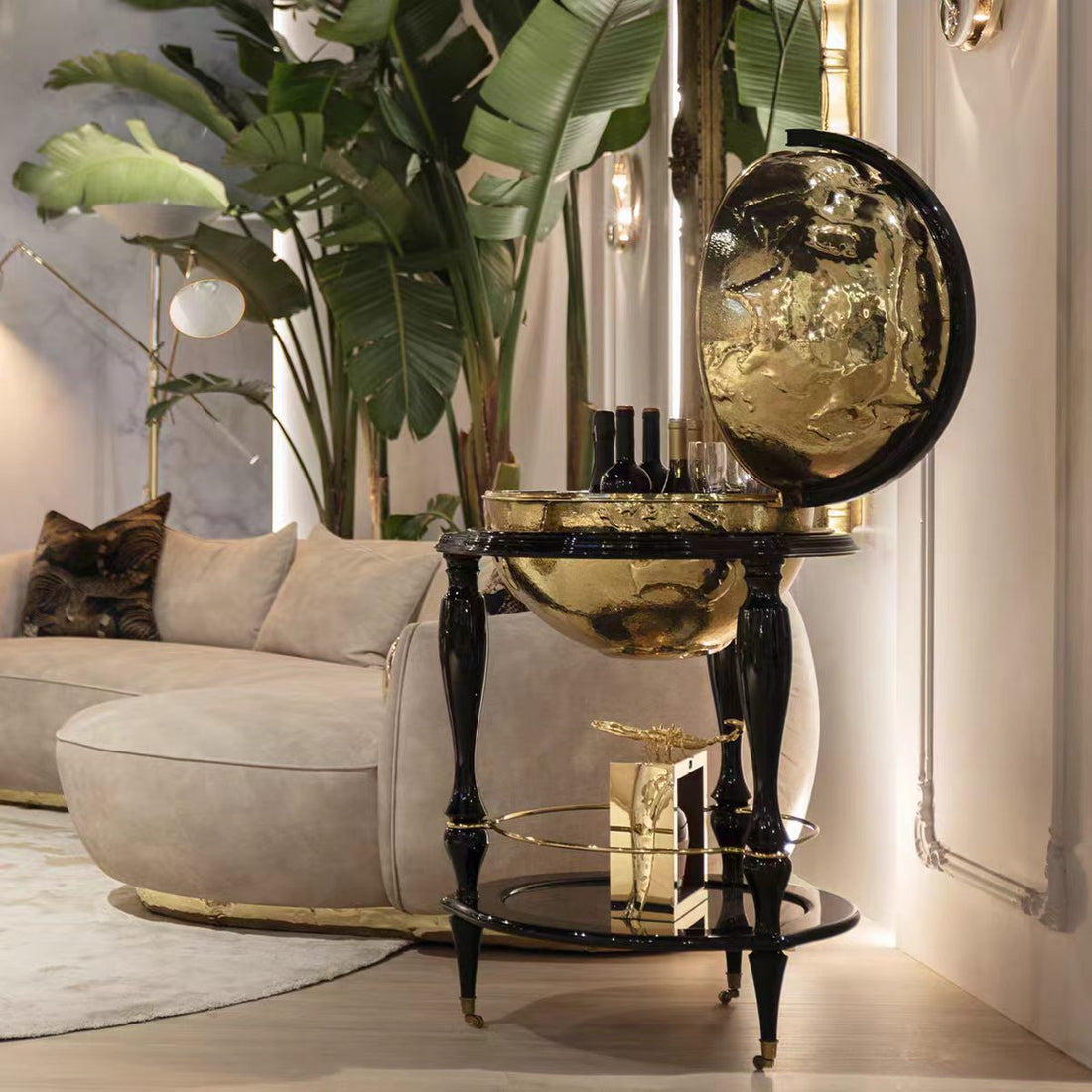 Portuguese Luxury Brass Globe Wine Cabinet