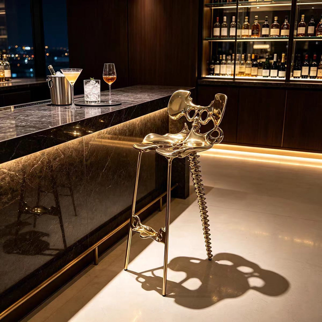 Sculptural Brass and Stainless Steel Bar Stool