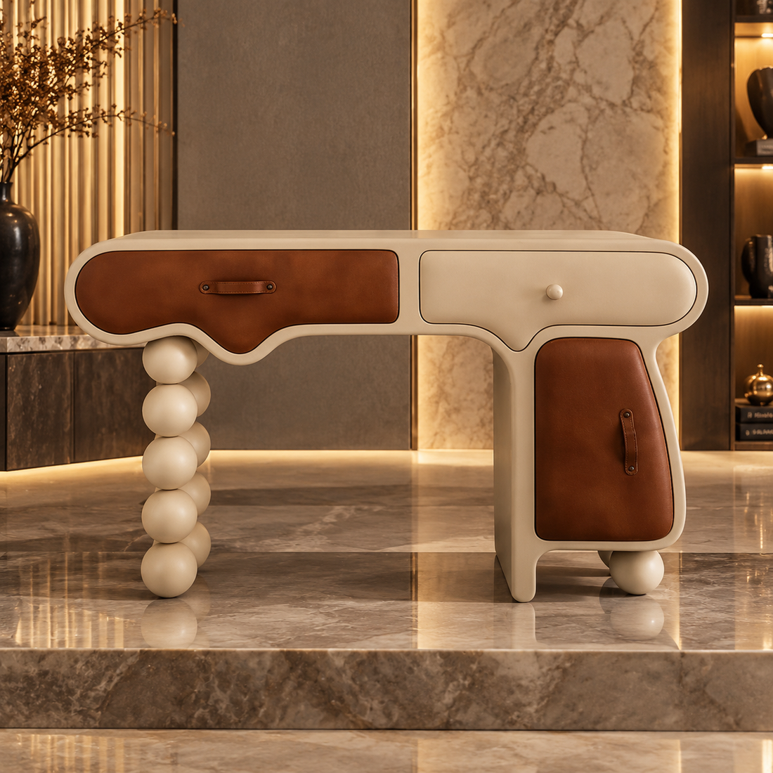 Sculptural Wood Leather Console Storage Cabinet