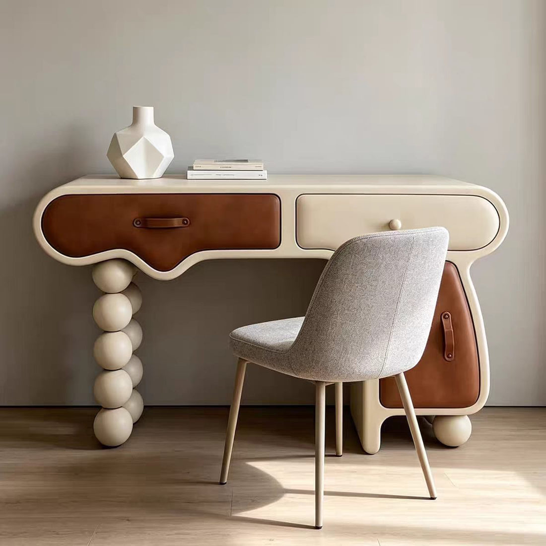 Sculptural Wood Leather Console Storage Cabinet