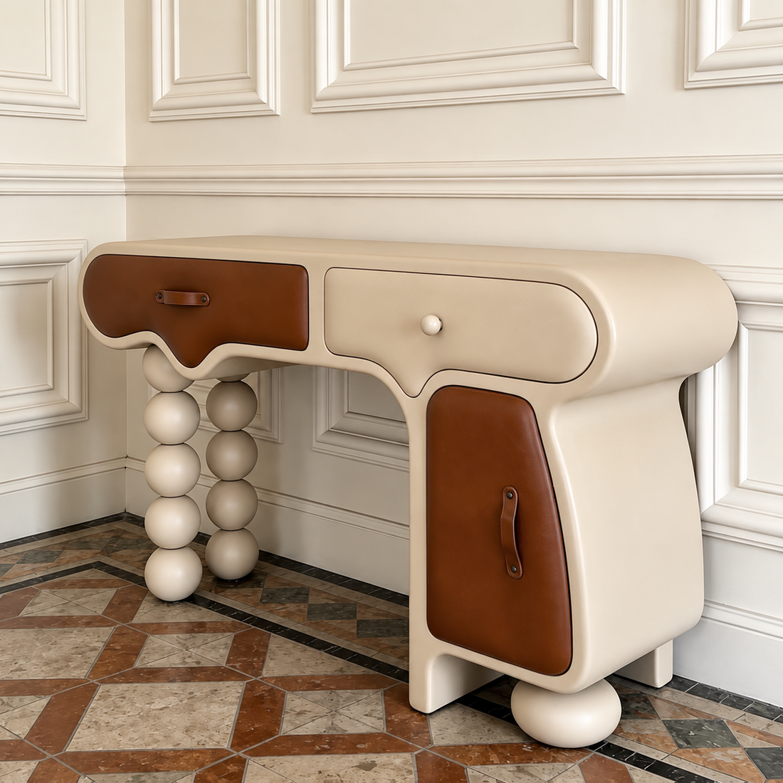 Sculptural Wood Leather Console Storage Cabinet