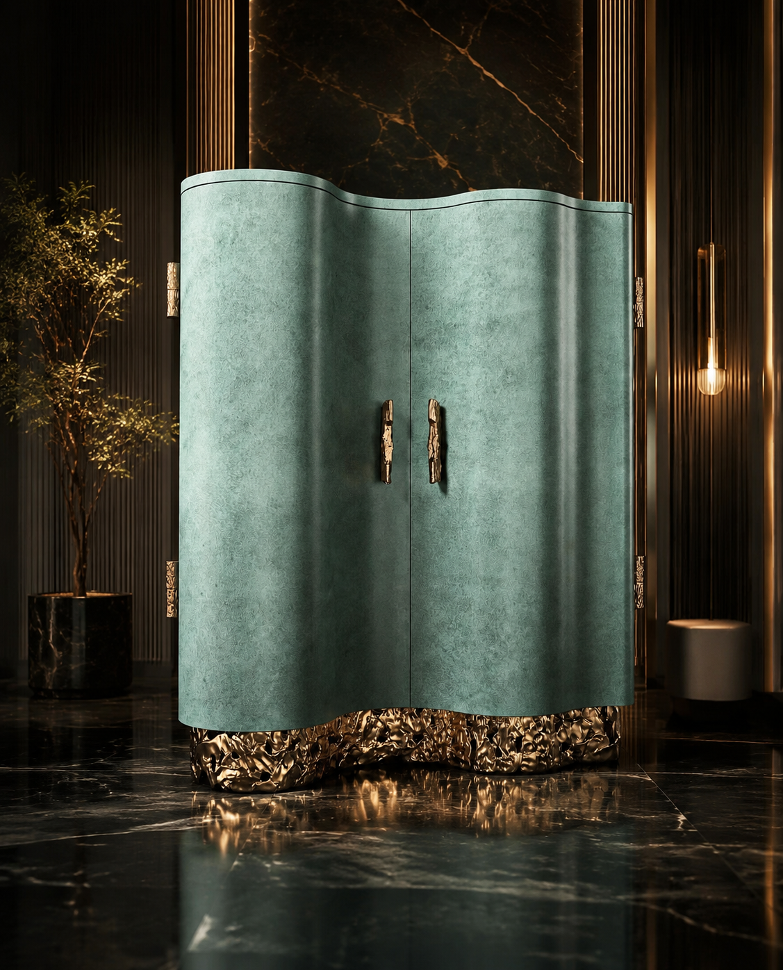 Luxury Italian Retro Green Wave Sideboard