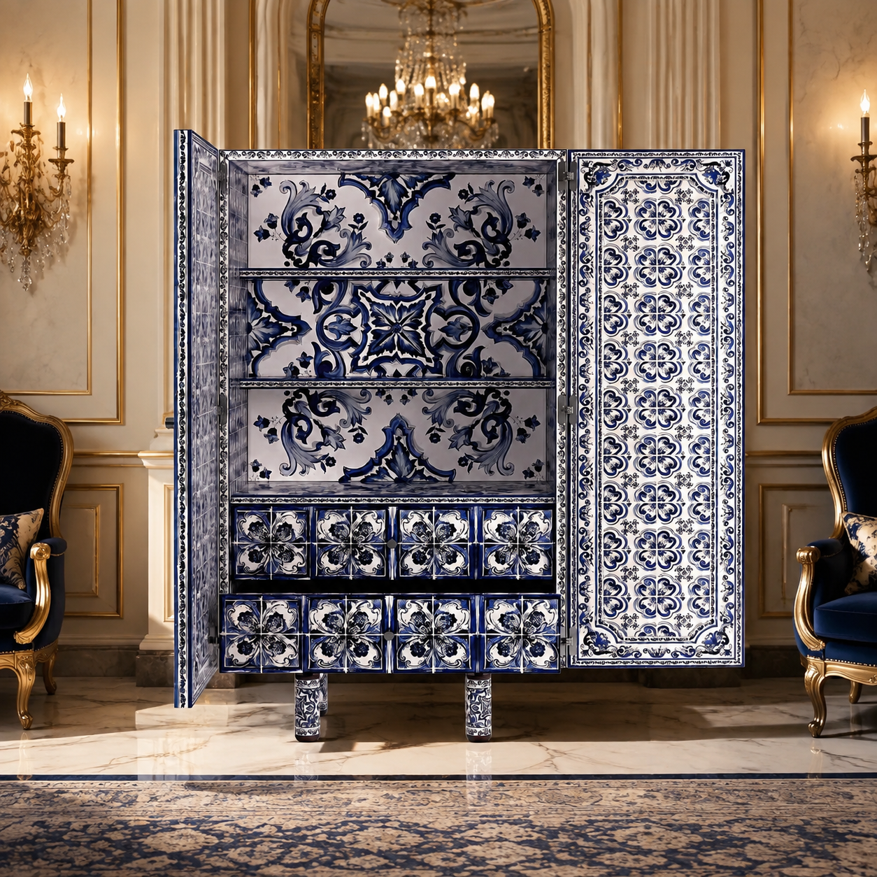 Luxury Italian Hand-Painted Blue & White Porcelain Sideboard