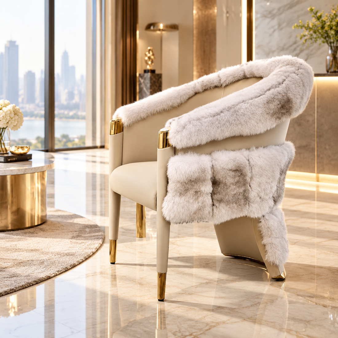 Luxury Solid Wood Leather Wool Lounge Chair