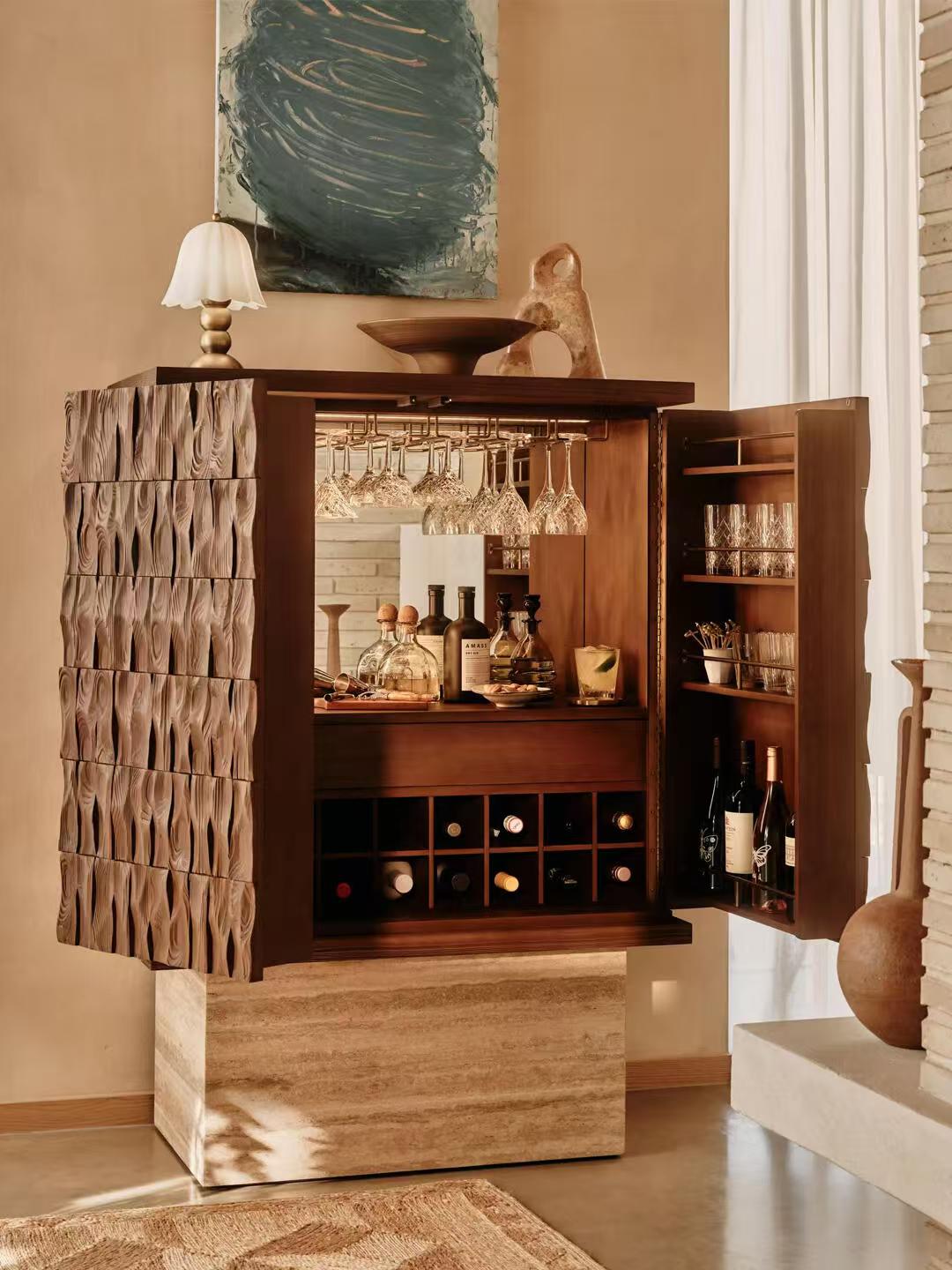 Vintage Solid Wood Bar Cabinet with Wine Storage