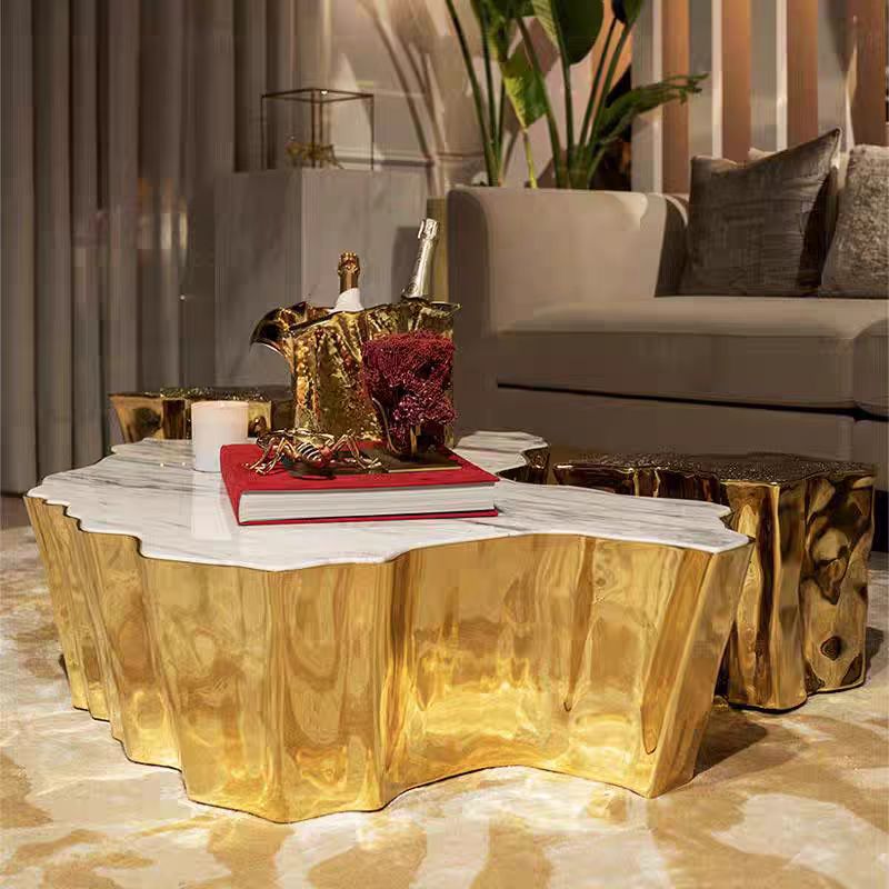 Luxury Italian Irregular Marble Coffee Table with Metal Root Design