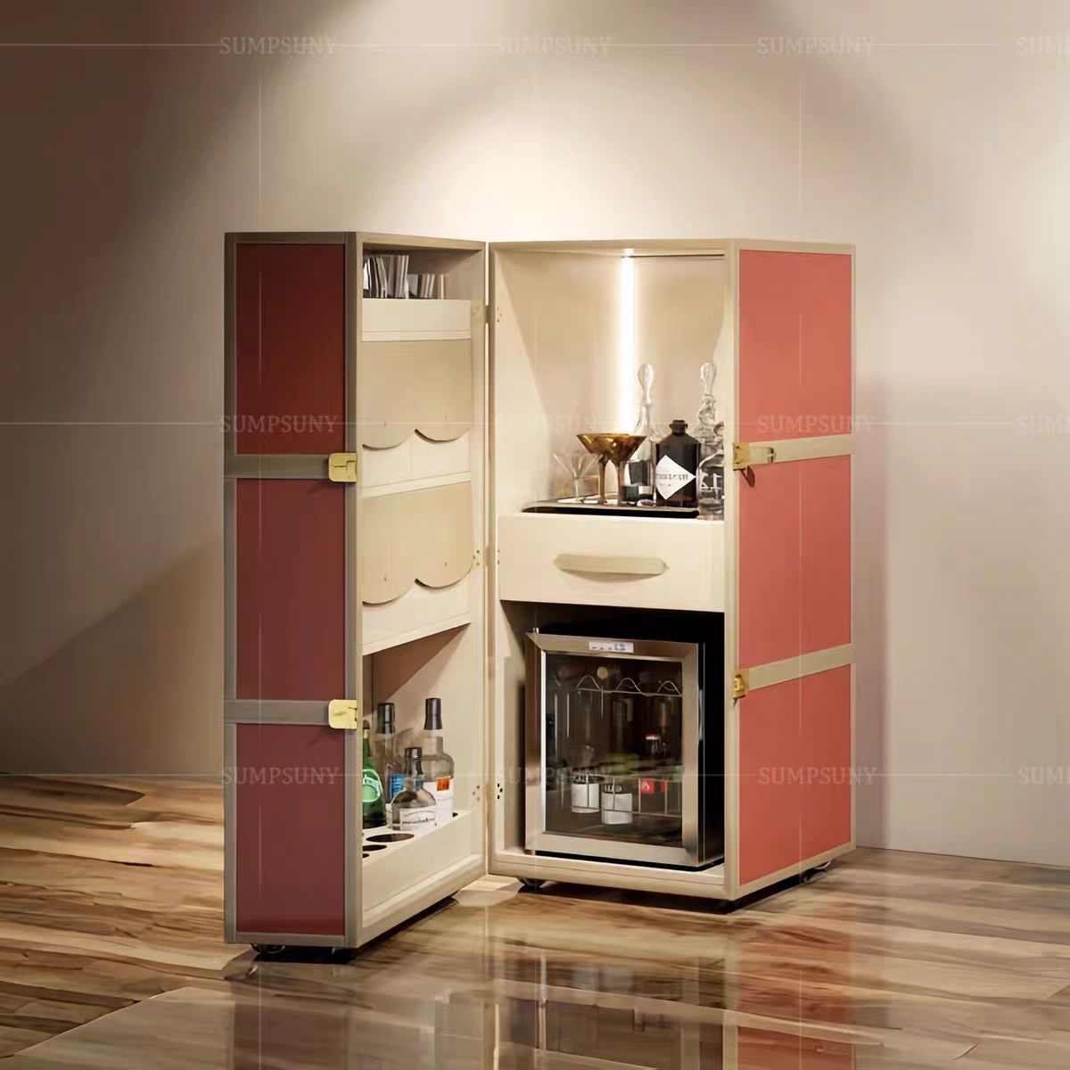 Luxury Leather Movable Wine Cabinet Design