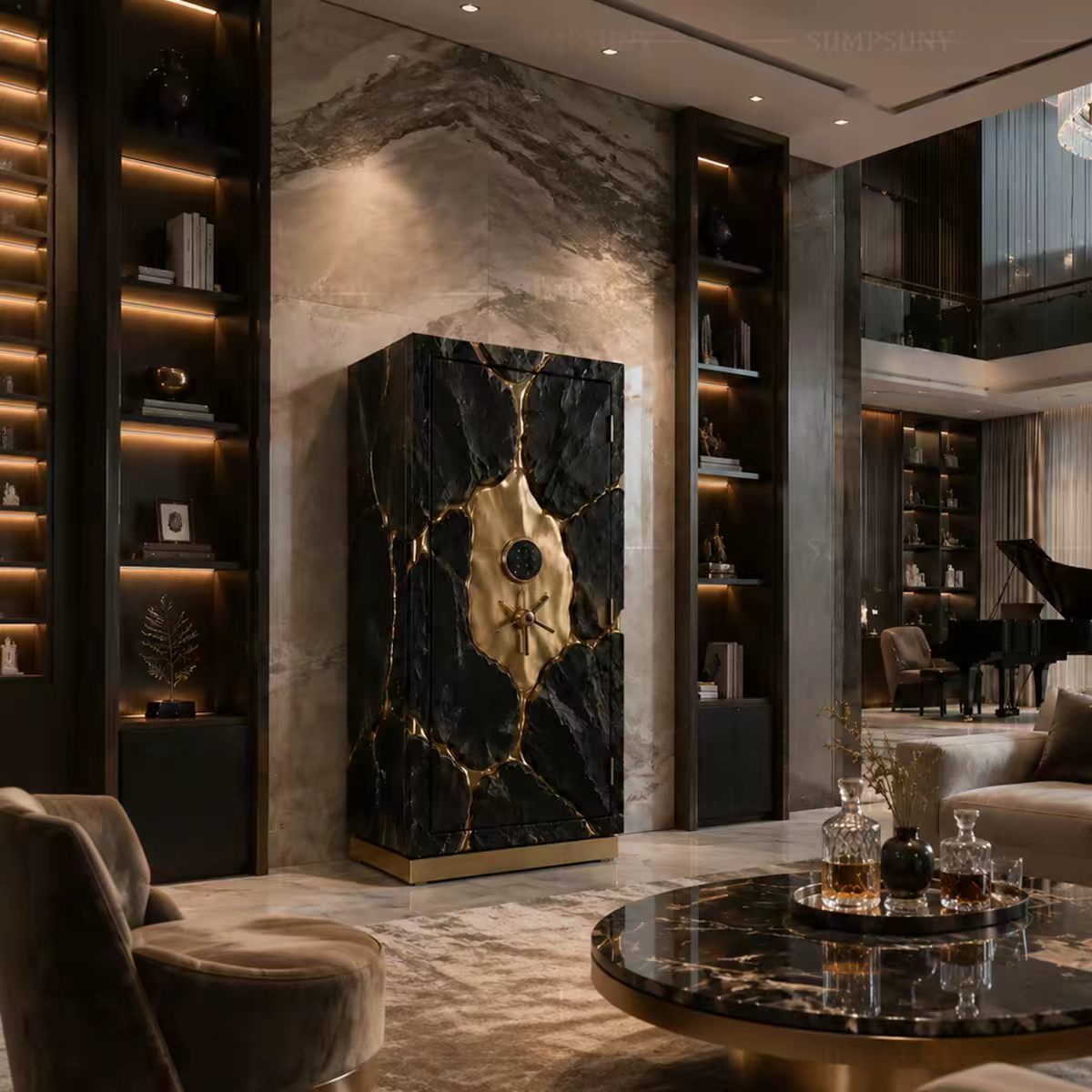 Luxury Italian Gold Finish Leather Safe Cabinet with Watch Winder Design