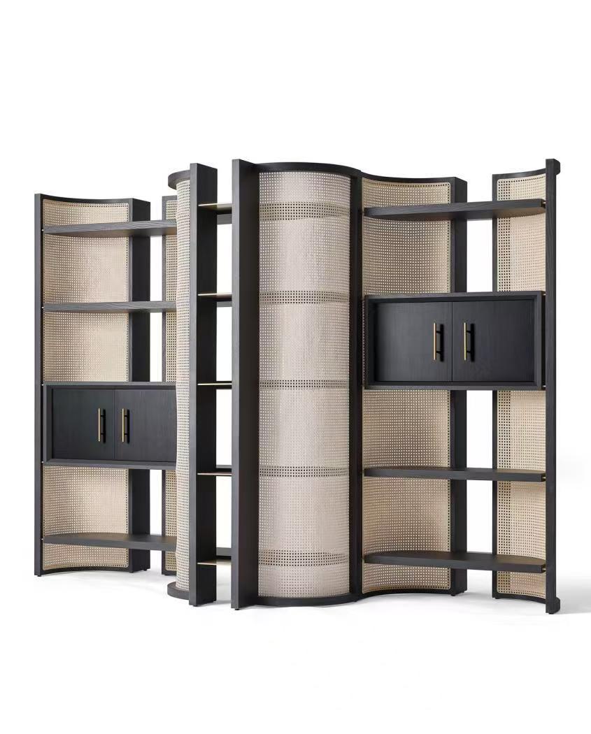 Luxury Italian Rattan Bookshelf with Stainless Steel Design