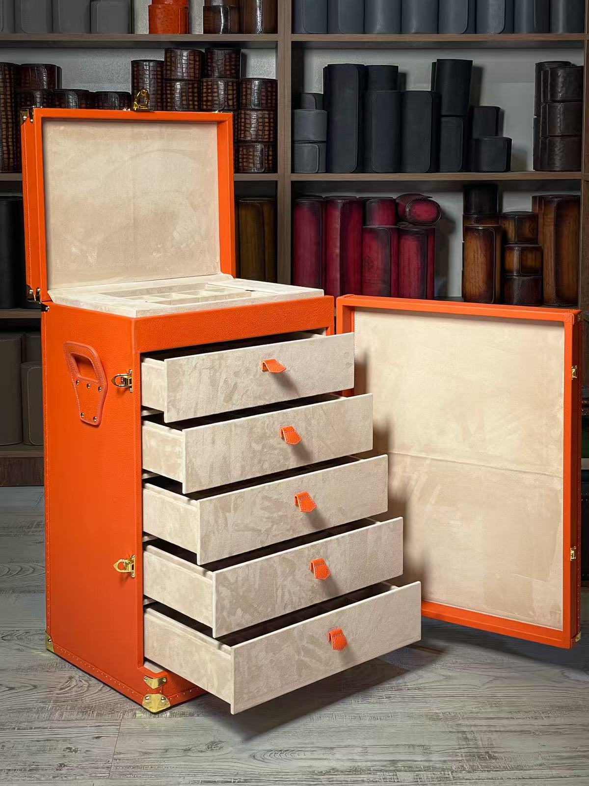 Luxury Italian Jewelry Cabinet with Leather & Wood Design