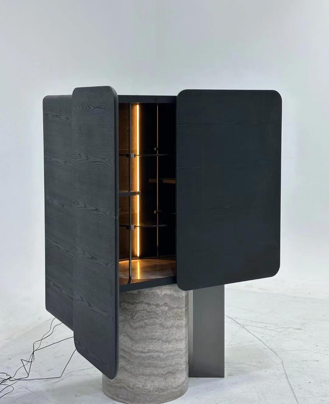 Luxury Italian Solid Wood Wine Cabinet with Marble & Stainless Steel Design