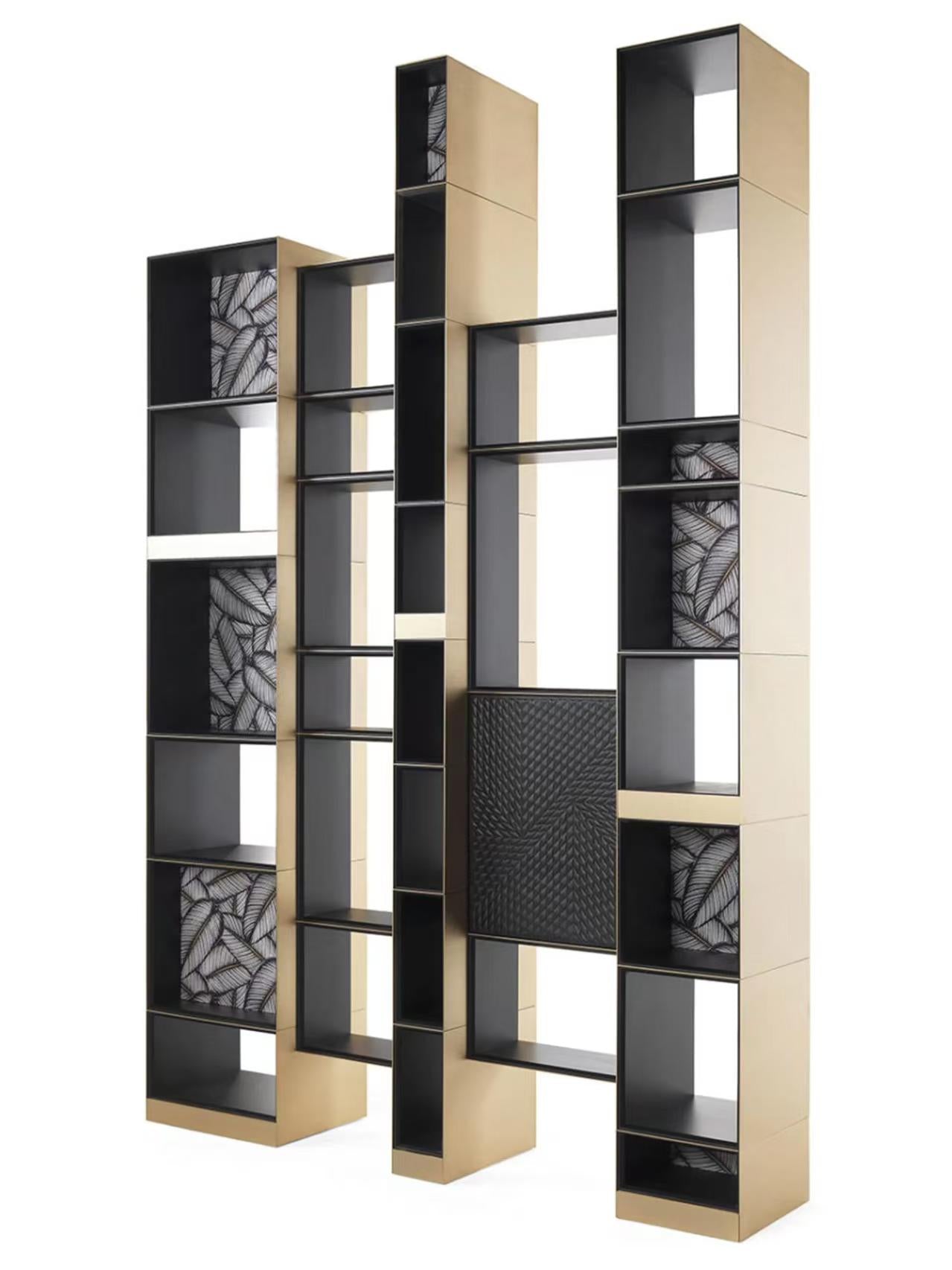 Luxury Italian Stainless Steel Bookshelf with Leather Details