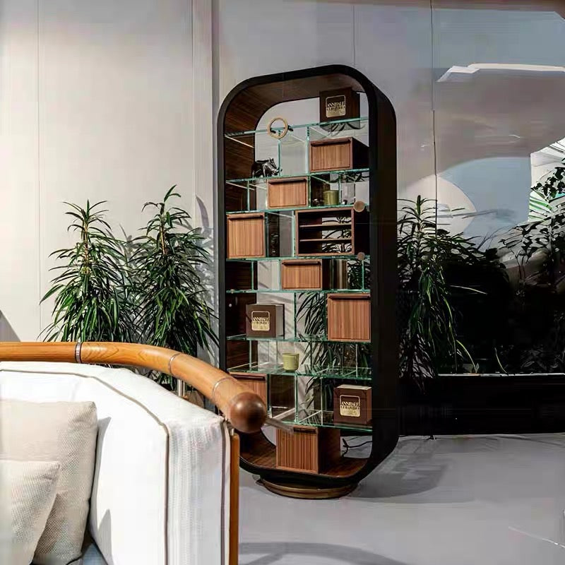 Luxury Italian Rotating Display Cabinet with Leather & Glass Design