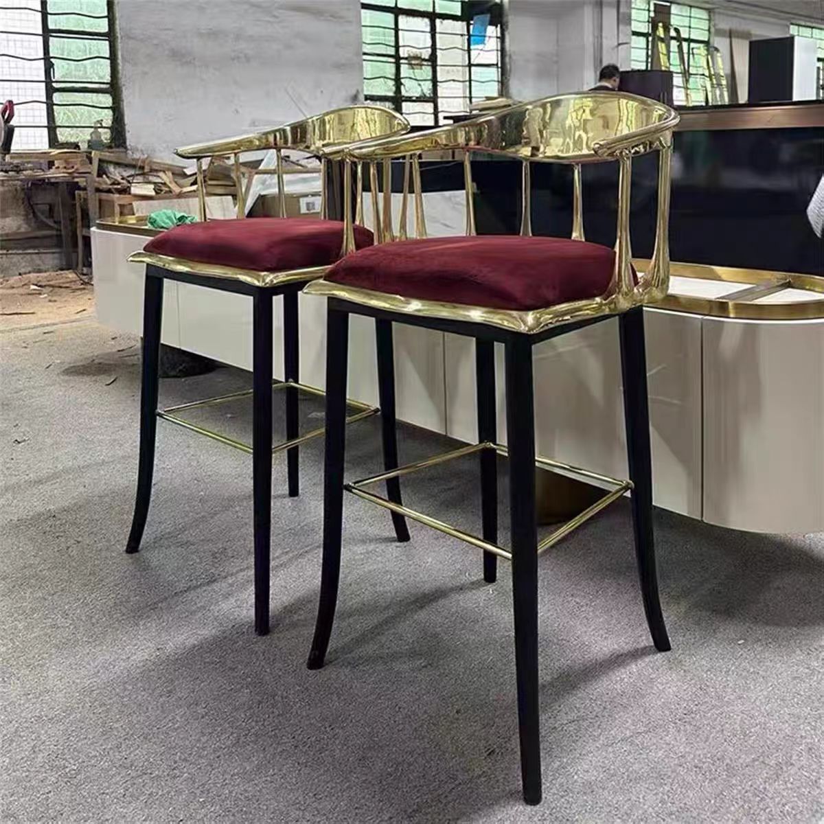 Luxury Italian Brass Bar Stool with Solid Wood Design
