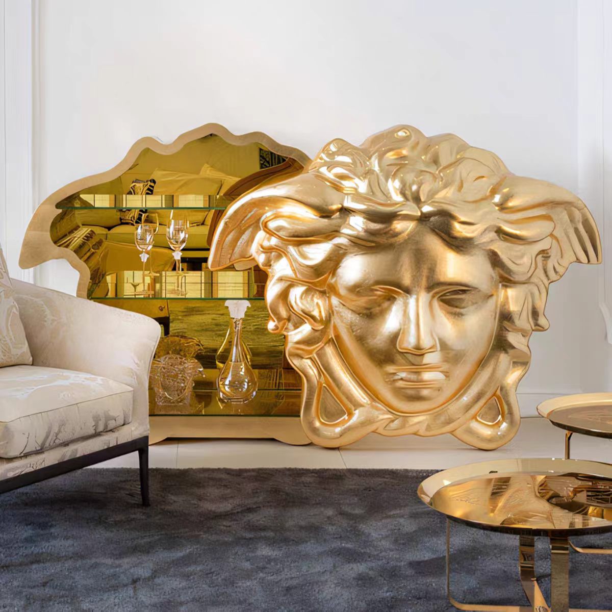 Luxury Italian Medusa Gold Leaf Wine Cabinet