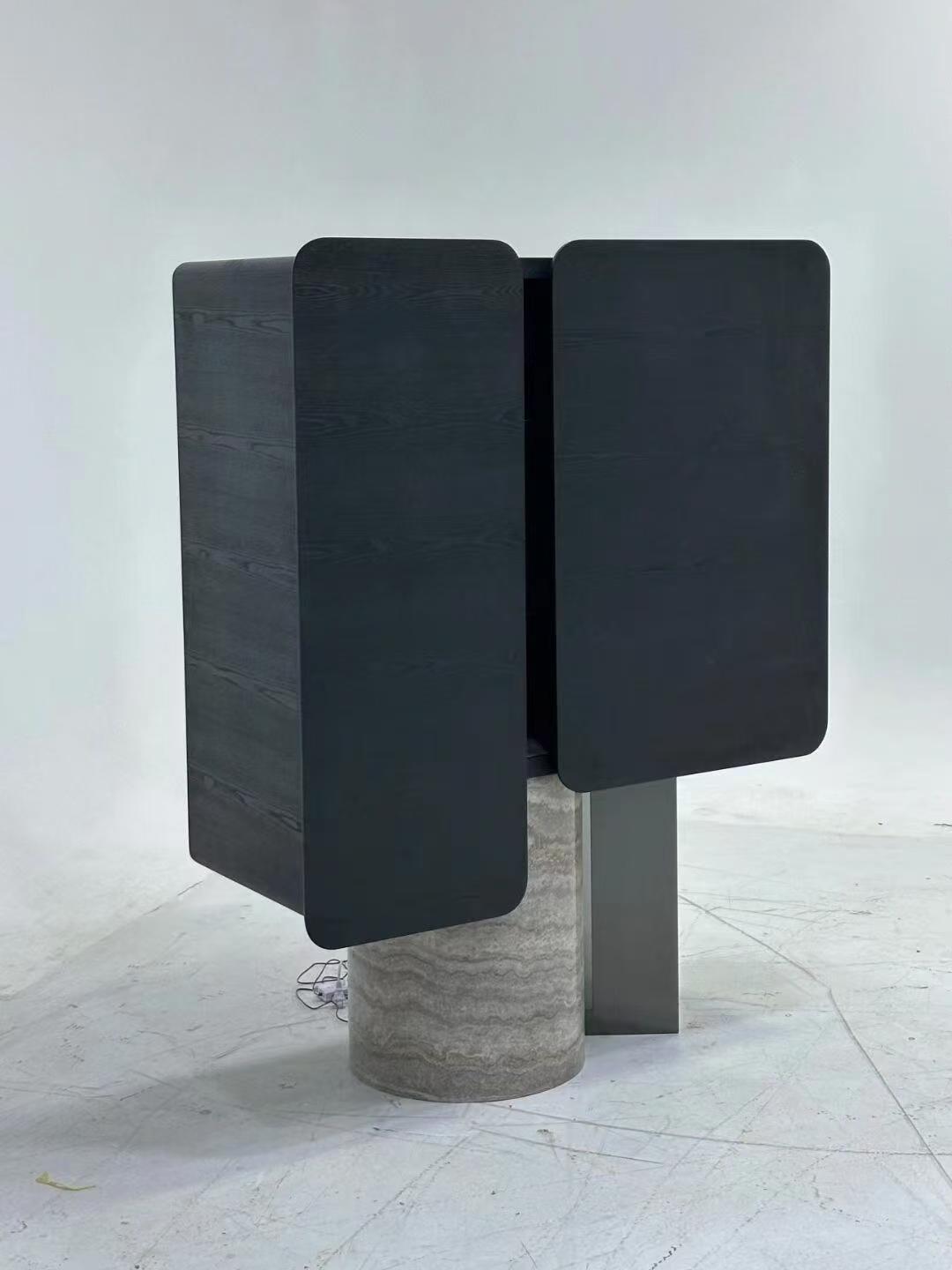 Luxury Italian Solid Wood Wine Cabinet with Marble & Stainless Steel Design