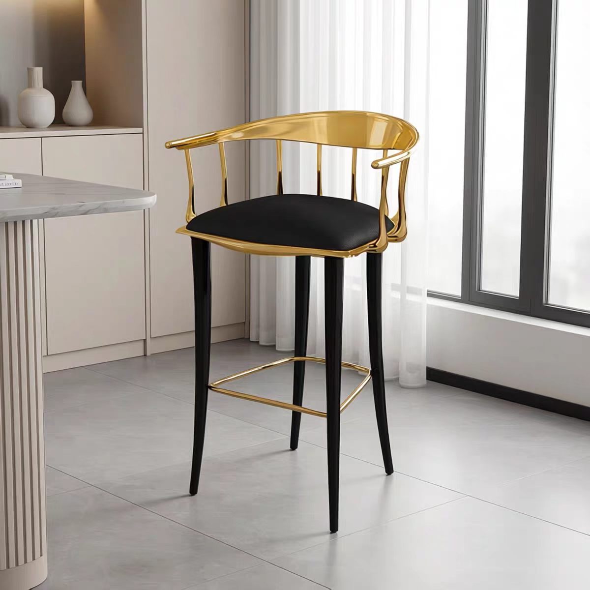 Luxury Italian Brass Bar Stool with Solid Wood Design
