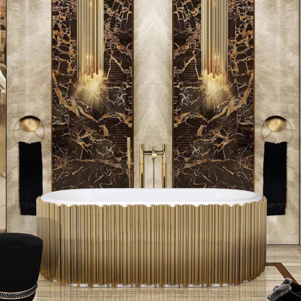 Luxury Italian Gold Vertical Stripe Stainless Steel Freestanding Bathtub with Ceramic Interior